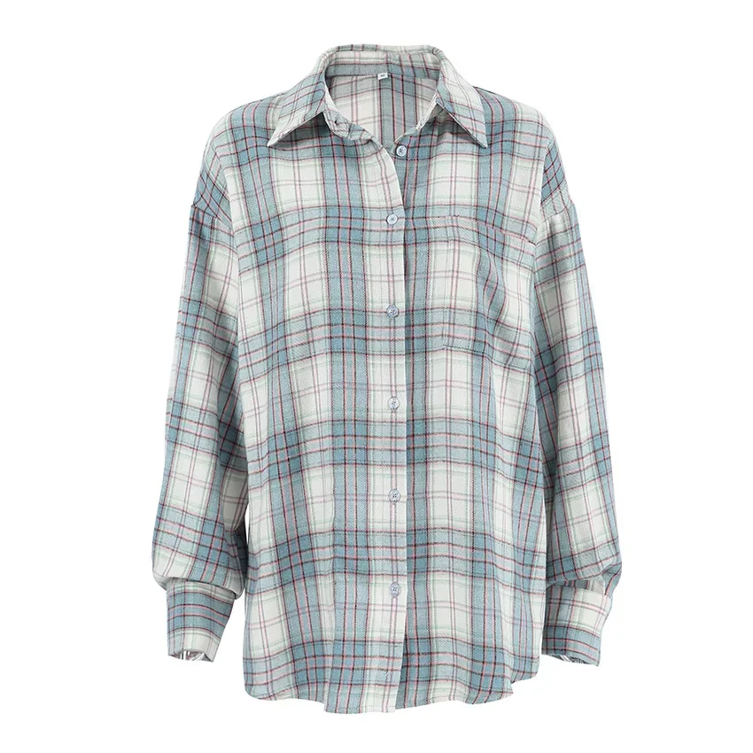 2024 Women Autumn Winter Long Sleeve Blue Plaid Shirt Vintage Oversized Loose Fit Blouse For Woman