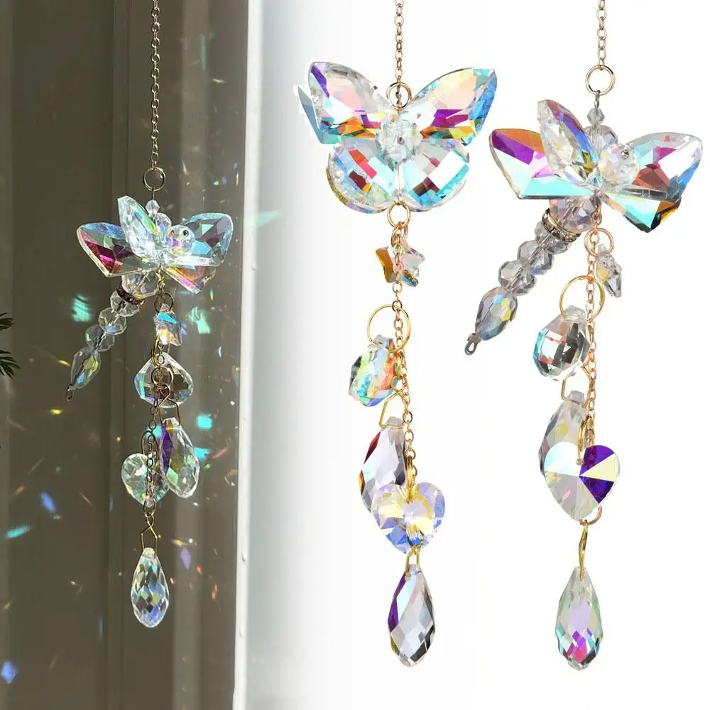 Gift Butterfly Dragonfly Crystal Glass Sun Catcher DIY Sunlight Refraction Wind Chime Pendant Accessories Garden Decoration