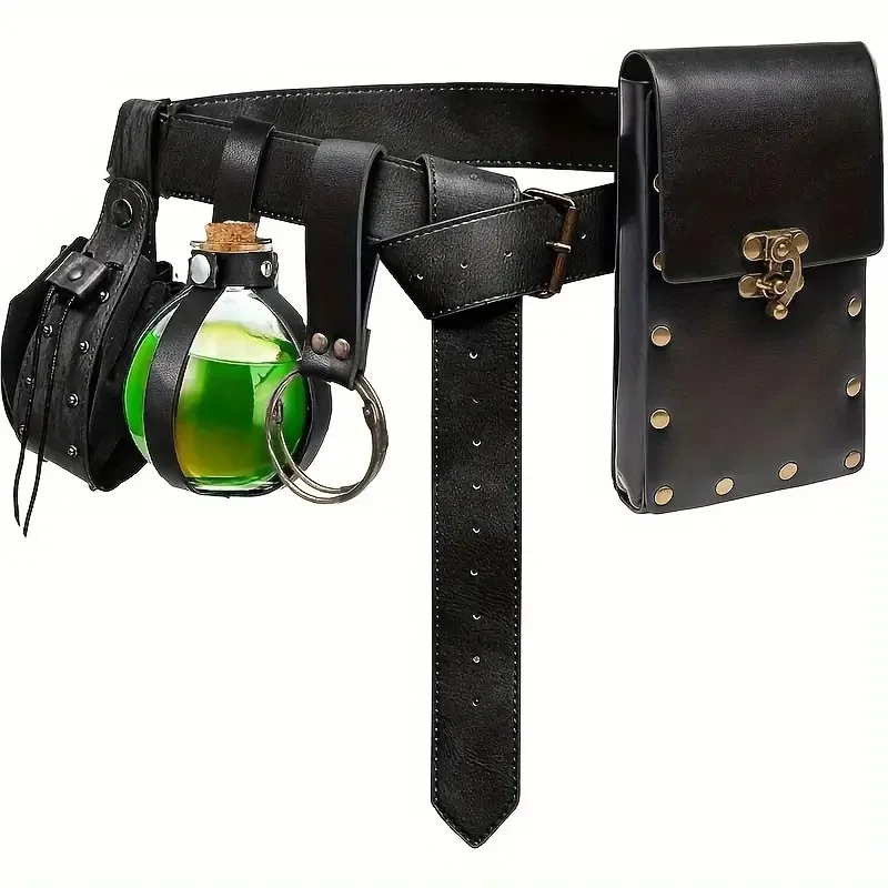 5PCS Renaissance Costume Accessories Leather Waist Belt with Bag Drawstring Coin Pouch Cork Potion Bottle Skirt Hike Clip for Cosplay image 3