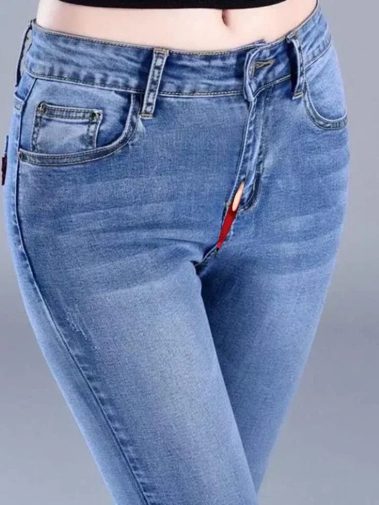 Jeans à entrejambe ouvert pour femmes, pantalons de travail pour couples, fermeture à glissière invisible, collants ouverts, plein air, printemps,