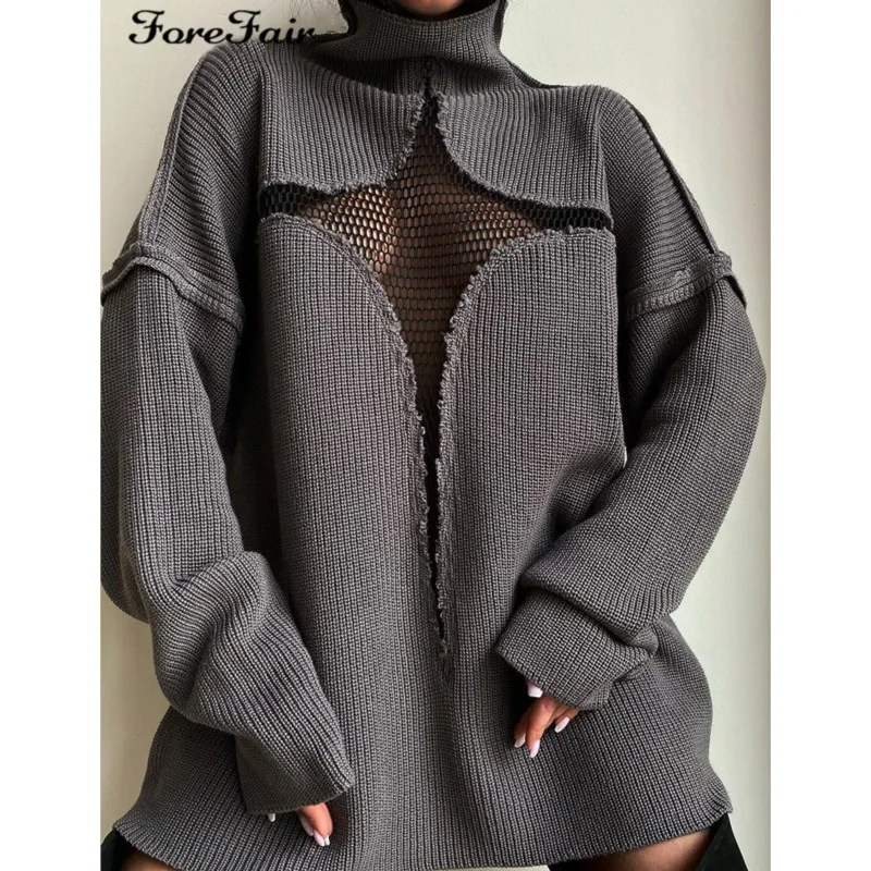 Maglione lavorato a maglia oversize da donna Sexy scava fuori il Pullover a collo alto a maniche lunghe Casual top larghi autunno inverno maglioni femminili