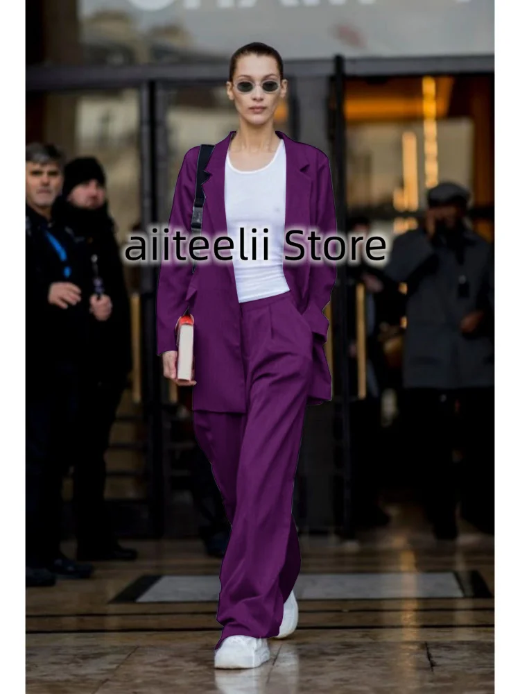 Women's Suit Two Piece Set Fashionable Solid Color Slim Fit Peaked Lapel Elegant Wide Leg Pants Single Breasted Fit Business