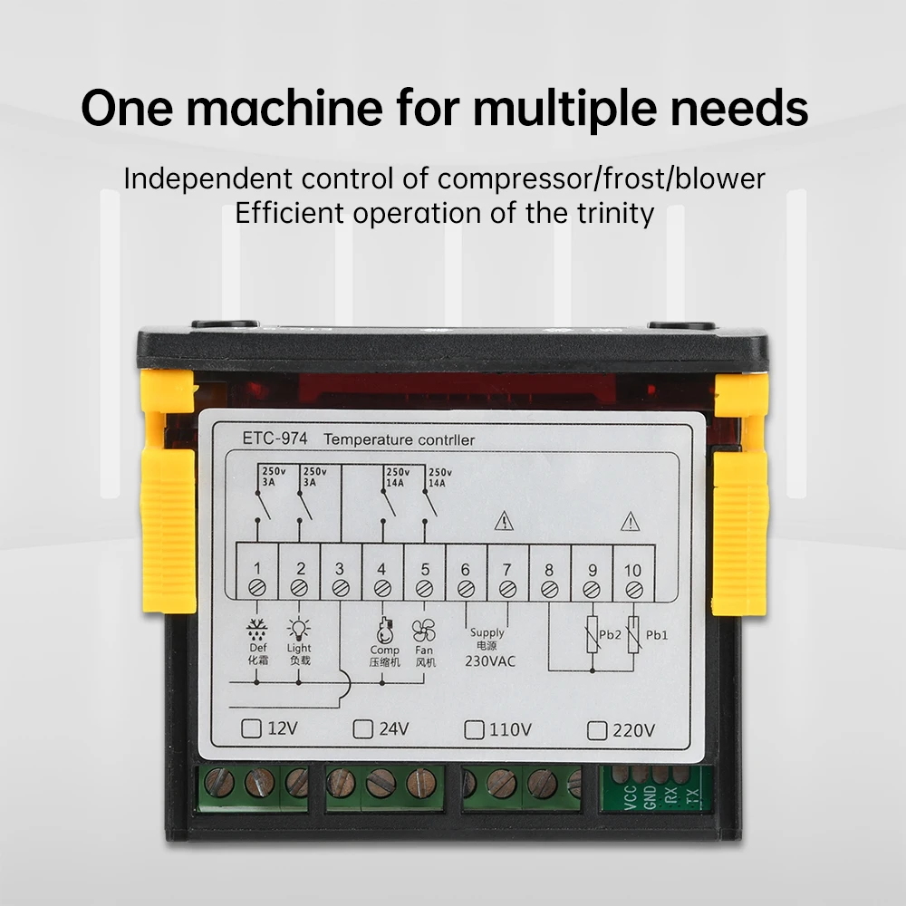 DC 12V/24V AC 110V/220V ตัวควบคุมอุณหภูมิ -50~110 ℃   ตัวควบคุมอุณหภูมิคอมเพรสเซอร์/ฟรอสต์/พัดลม 3 in 1 พร้อมหัววัดกันน้ํา