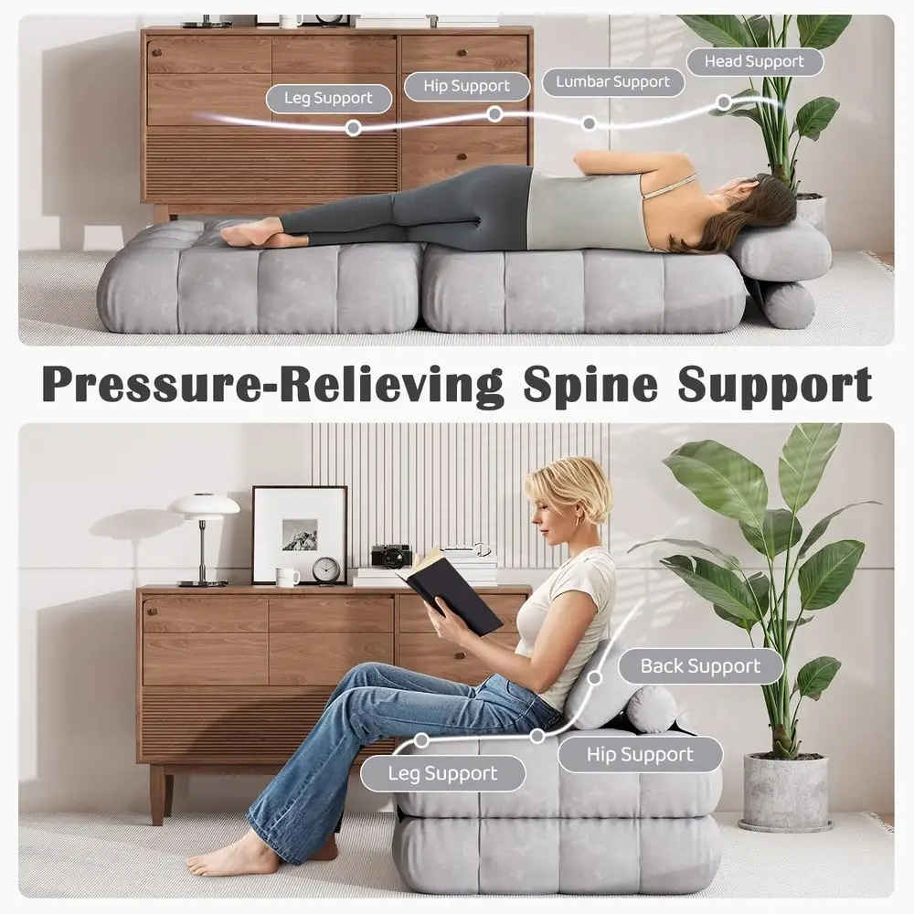 سرير أريكة فوتون فردي باللون الرمادي، كرسي نوم قابل للتحويل مع وسادة، مرتبة قابلة للطي للاستراحة المحمولة في غرفة المعيشة أو السرير #5