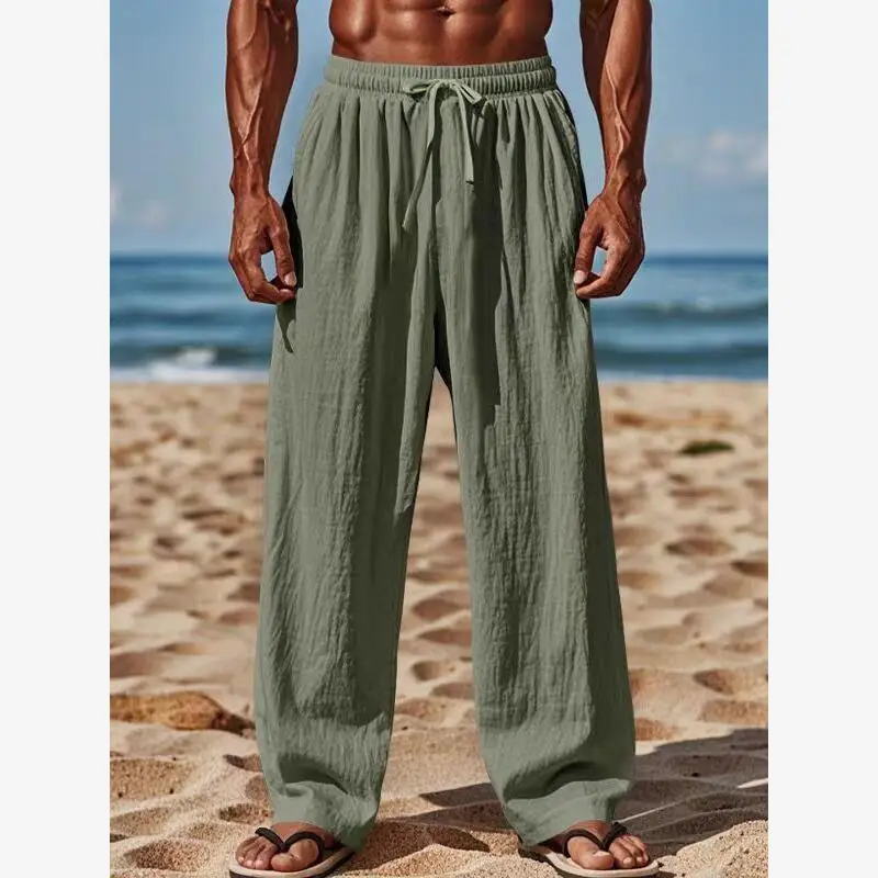 بنطال رجالي كاجوال من القطن والكتان فضفاض مستقيم الساق بطول الأرض يسمح بمرور الهواء ومريح ملابس رياضية عصرية بقطع مستقيمة