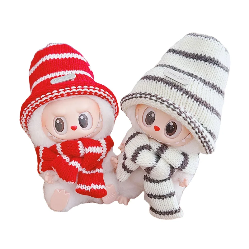 

10-17cm Kawaii Labubu Clothes Cartoon Winter Warm Hat Scarf Set Plush Doll Clothes Accessories Toys for Girls Fans Gifts