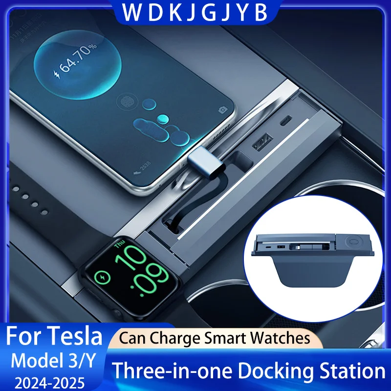 For Tesla Model Y Juniper 2025+/Model 3 2024+ Dedicated In-car USB Hub Charger Supporting USB-C Fast Charging And Watch Charging