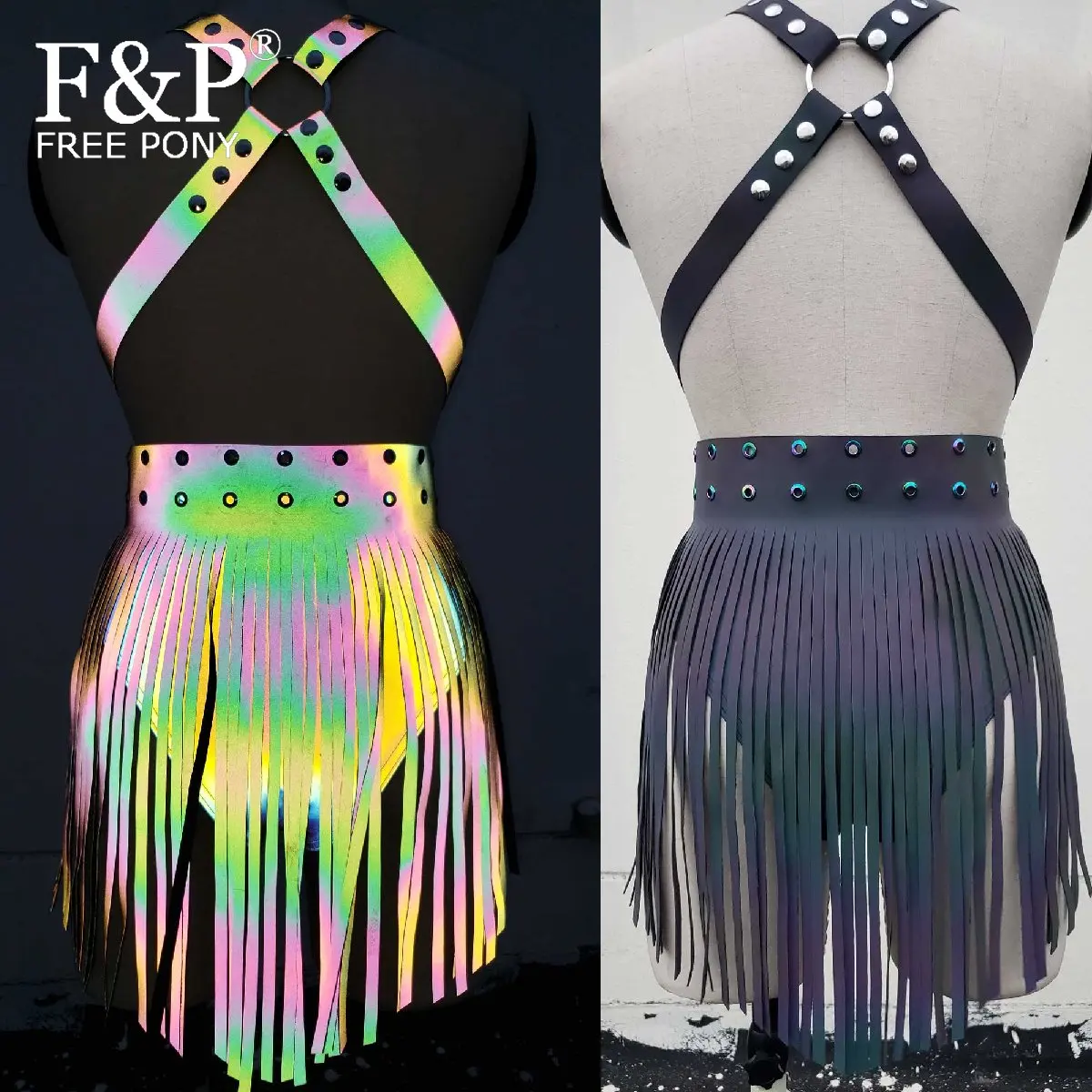 Rainbow Reflective Leather Harness Outfits Fringe Clothing  Burning Man Festival Costume Gogo Pole Dance Bottom Wear Clothes