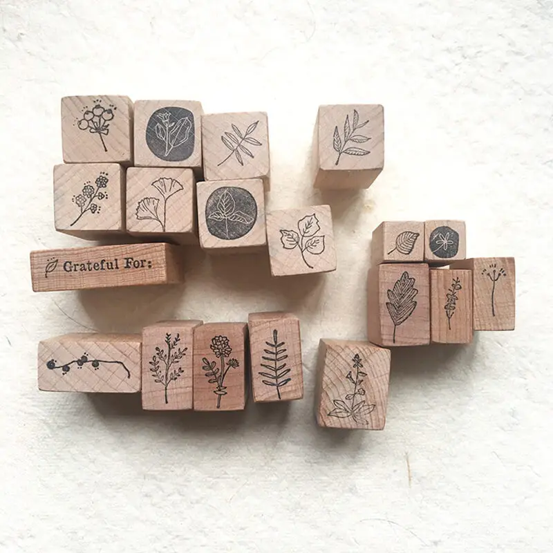 مجموعة طوابع الزهور الصغيرة لوازم القصاصات 19 طوابع خشبية مطاطية على شكل أوراق نباتية