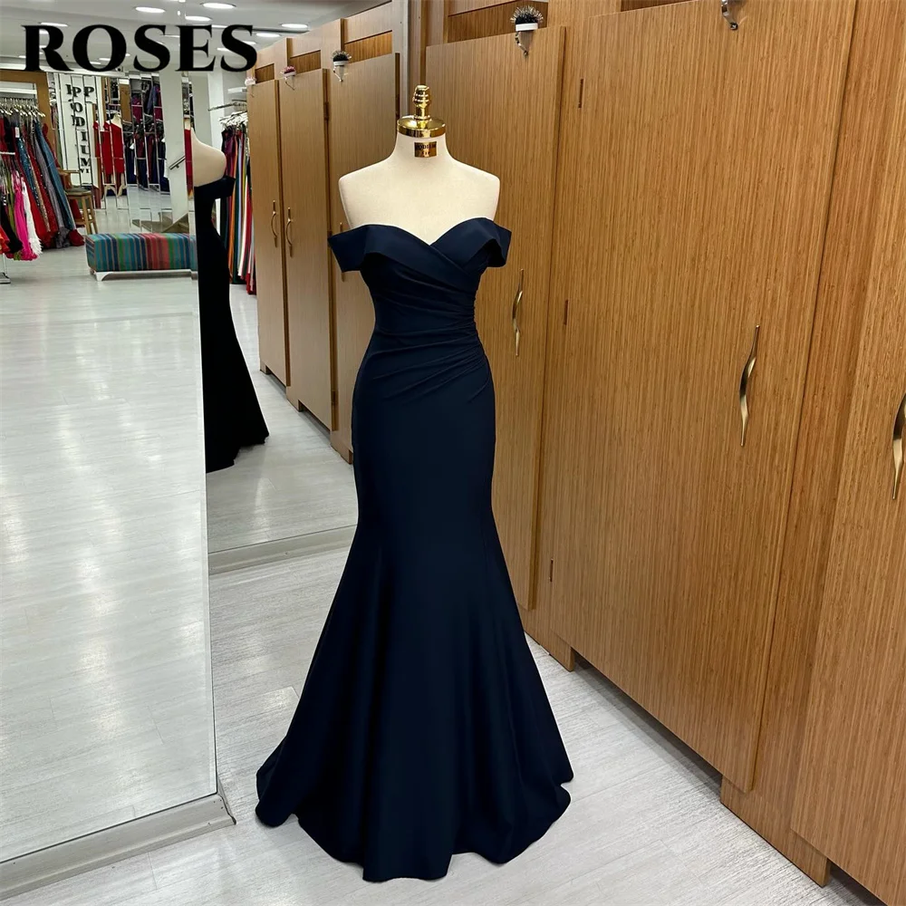 ROSES Dark Blue Evening Dress Off The Shoulder Short Sleeves Prom Dress Sweetheart Party Dress With Pleats Mermaid Satin 프롬드레스