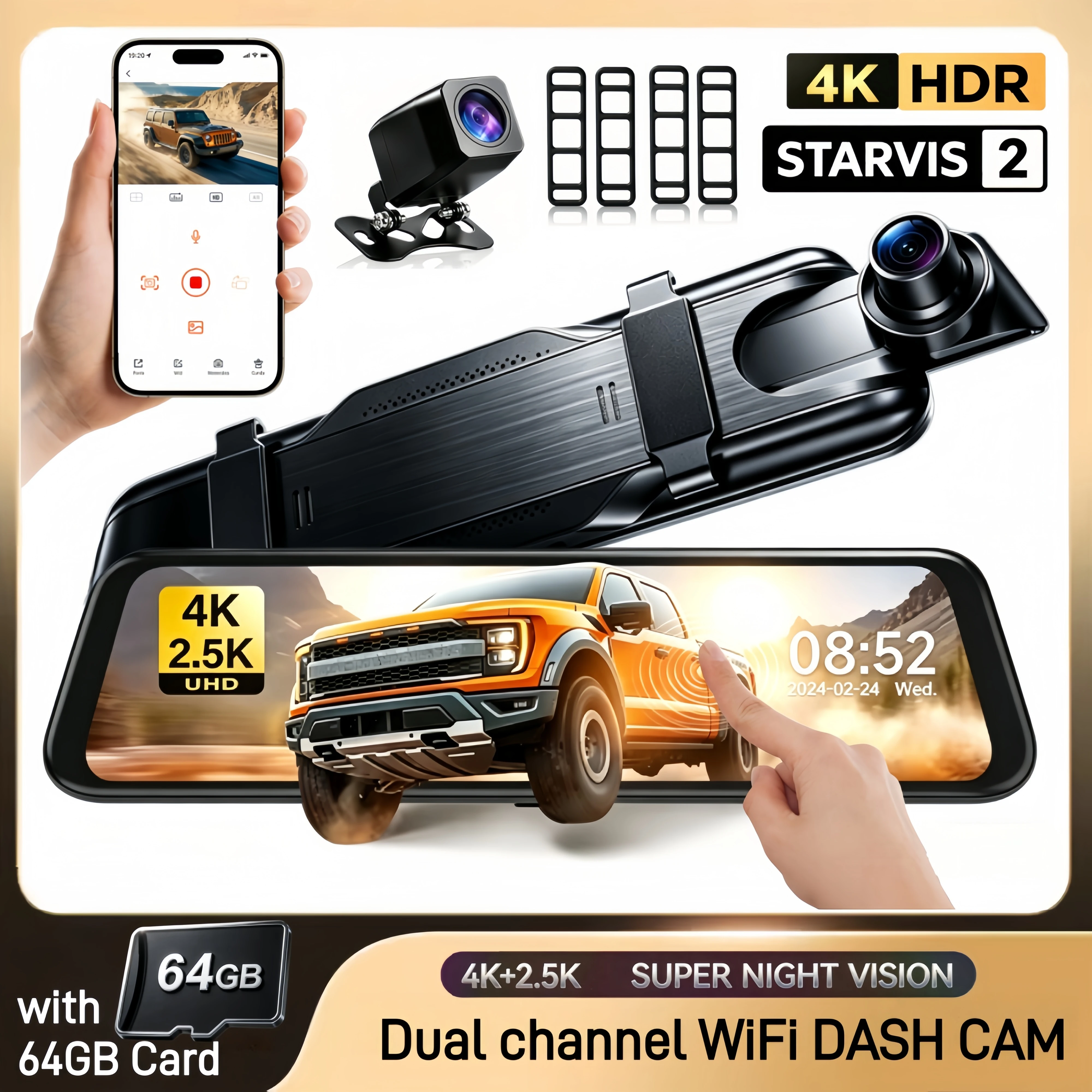

4K+2.5K Rearview Dash Cam 10" IPS Touch Screen WDR 170 FOV Loop Recording Rear Cam With WiFi Car Recorder Stream Media Car DVR