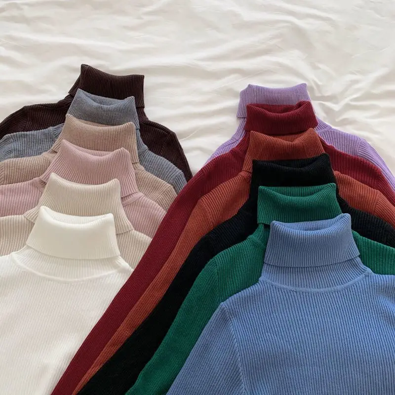 Women Vertical Stripe Turtleneck Knit Sweater Long Sleeve Pullover Crew Autumn Winter Warm Ribbed Top Casual Slim Fit