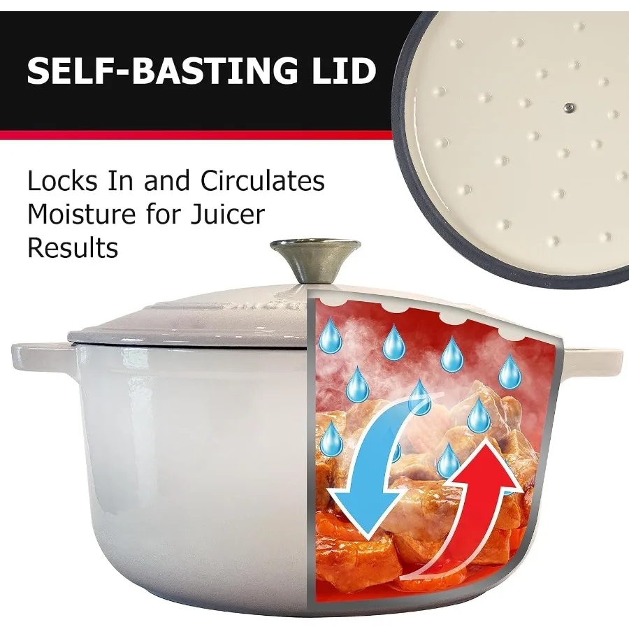 فرن هولندي من الحديد الزهر بالمينا سعة 7.5 كيو تي للموقد إلى الفرن، طبق خزفي عالي التحمل ومقلاة برازر مع غطاء وستانلس #4