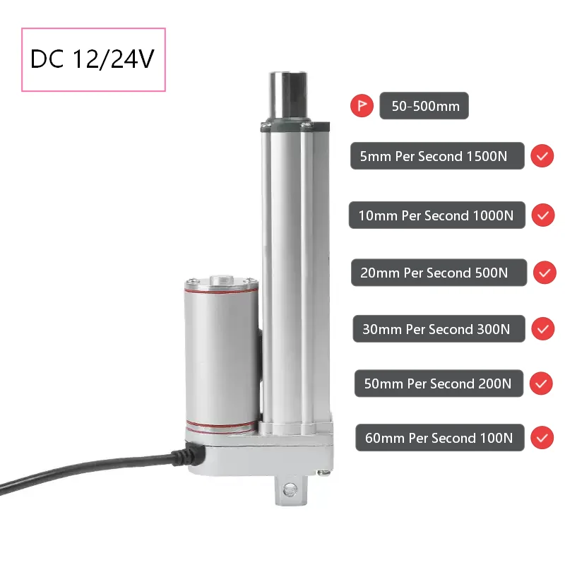

Electric Push Rod Motor DC 12V/24V, 1500N (≈337lbs) High Thrust, Stroke 100/300/500mm, Linear Actuator for Automation Equipment