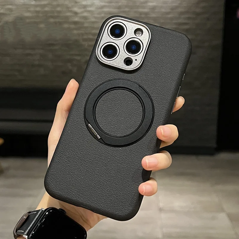 

Magnetic 360 Metal Bracket Kickstand Case for iPhone 16 17 Pro Max 17 Air 17 Pro Premium Leather Alloy Camera Protection Cover