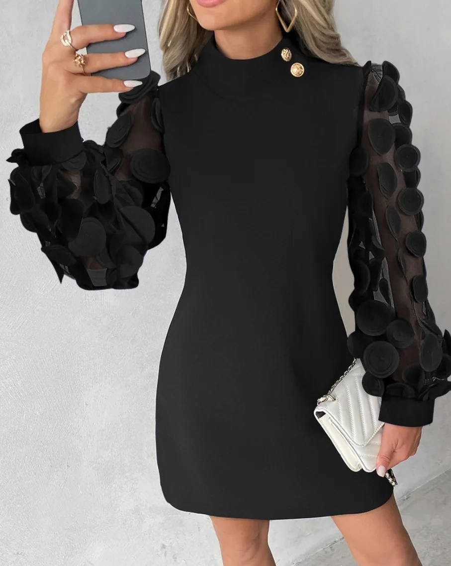 Fashion Sequin Dresses For Women 2024 Autumn New Casual Lace Lantern Sleeve Mock Neck Buttons Street Elegant Ladies Dresses