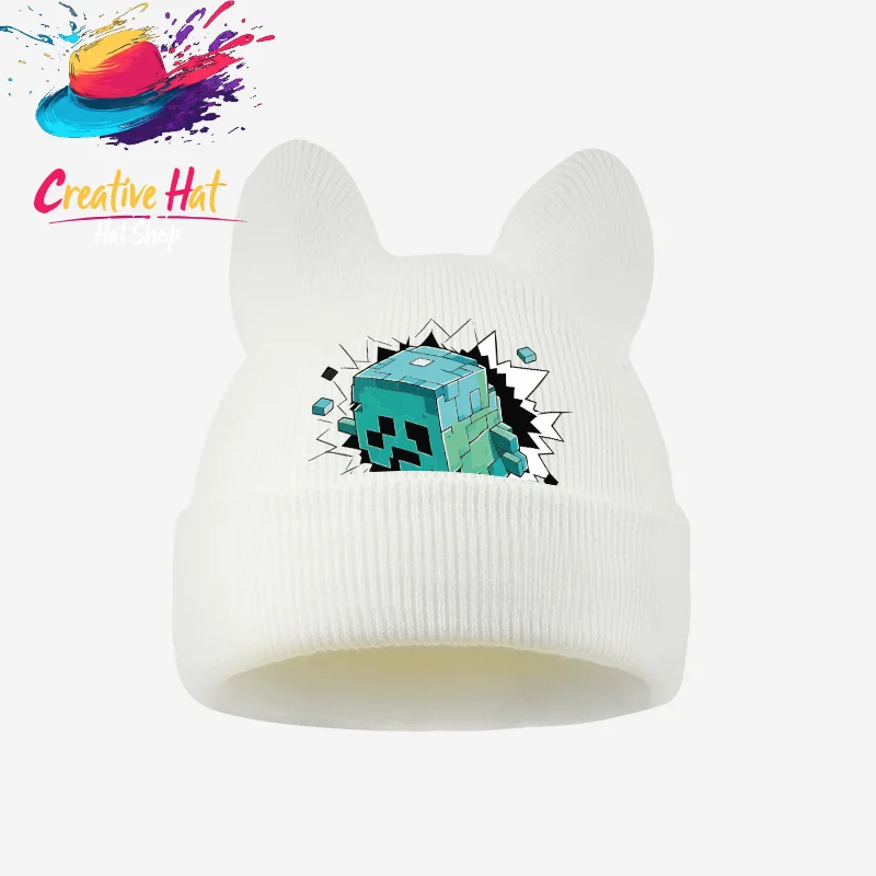1‑3 Years Toddler Cat Ear Knit Cold Hat Game Block Pixel Character Print Kids Cute Knitted Beanie For Boys Girls view 5