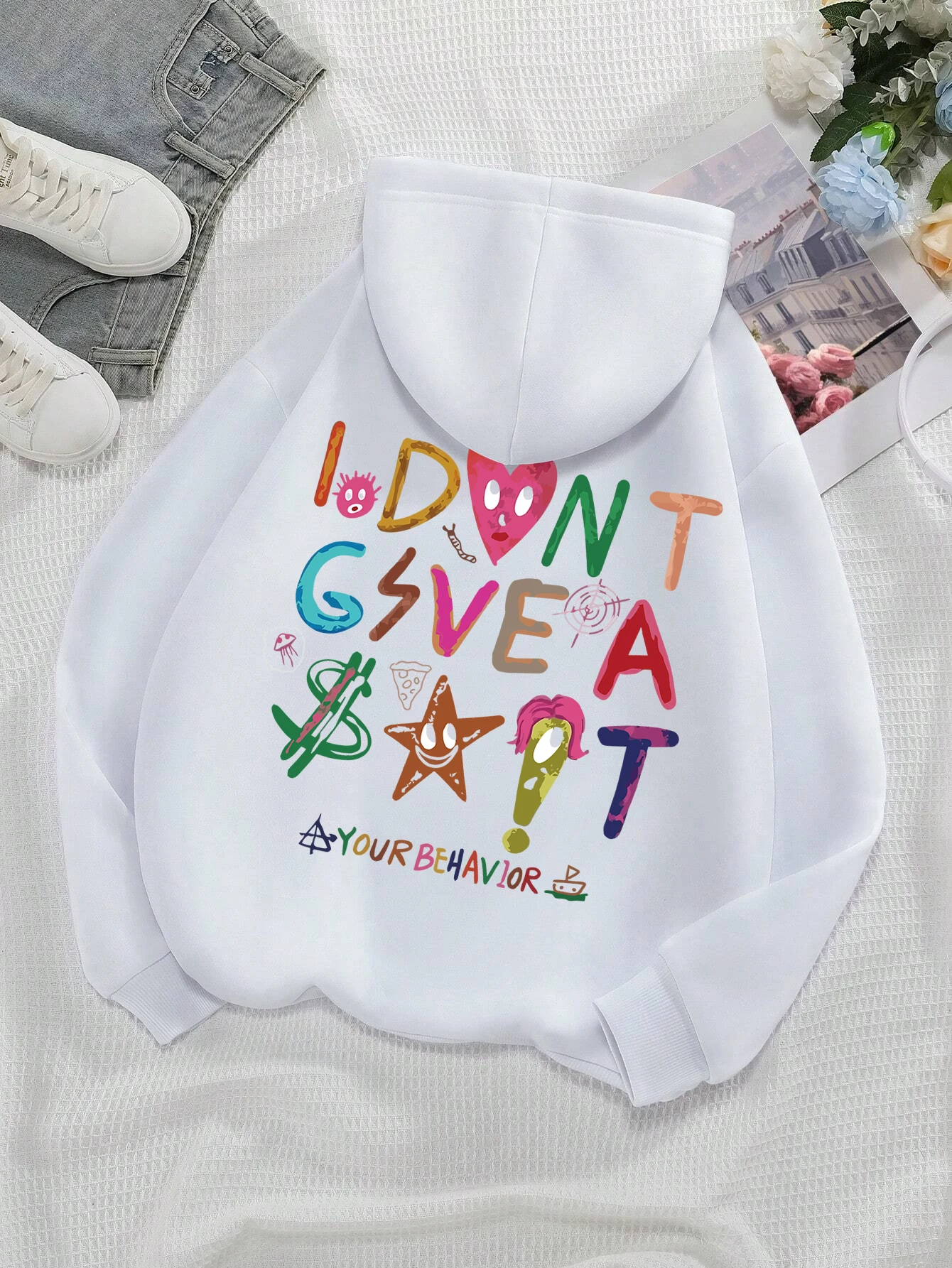 I don't Gsvea Sait Your Be Havior Funny Letter Womens Hoody Korean Fleece Sweatshirt Crewneck Hooded Street Oversize Clothes