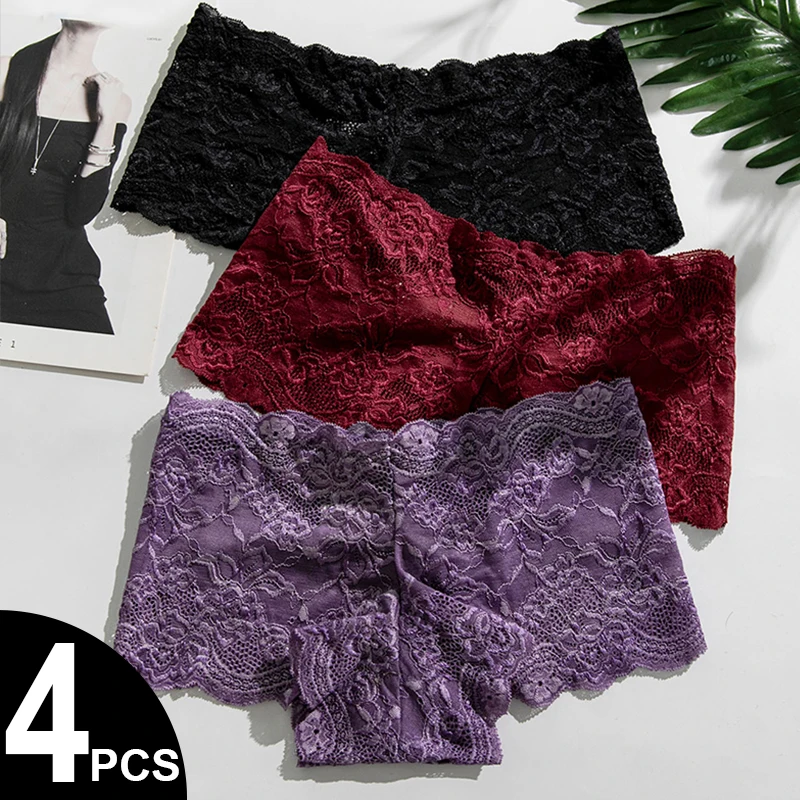 4PCS/Set Lace Women Panties Sexy Underwear Perspective Floral Hollow Out Briefs Female Underpants Breathable Ladies Lingerie