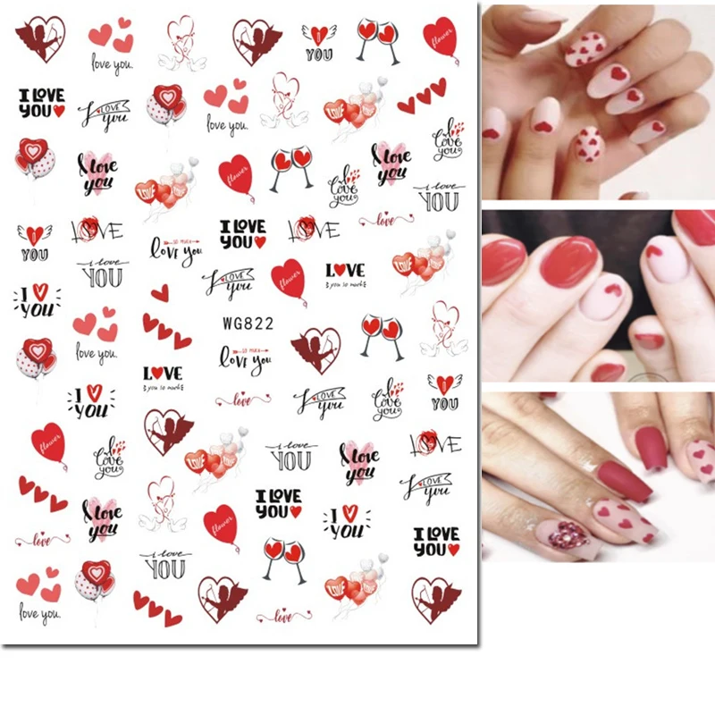 Adesivi per unghie 3d san valentino rosso bianco nero Love Hearts stelle nuvole cursori adesivi decalcomanie decorate manicure per unghie