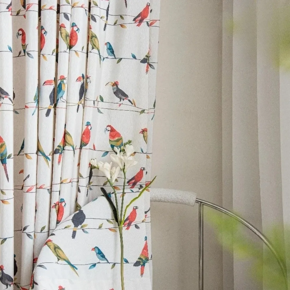 American Rural Retro Style Pastoral Flower Bird Parrot Curtains for Living Room Bedroom Semi Sheer Window Drapes Thermal