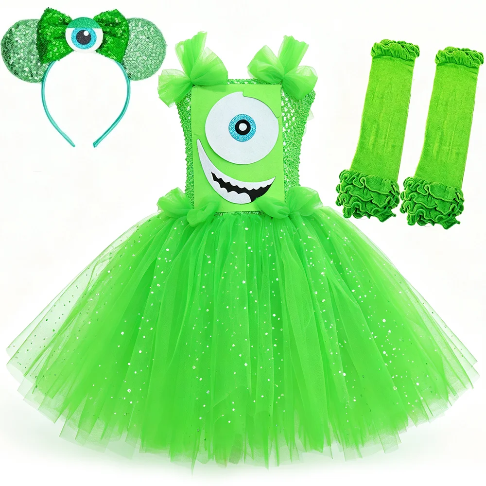 Green Sparkly Funny Monster Fancy Tutu Dress With Sequin Bow Ruffle Socks Halloween Masquerade Carnival Party Role Play Outfit