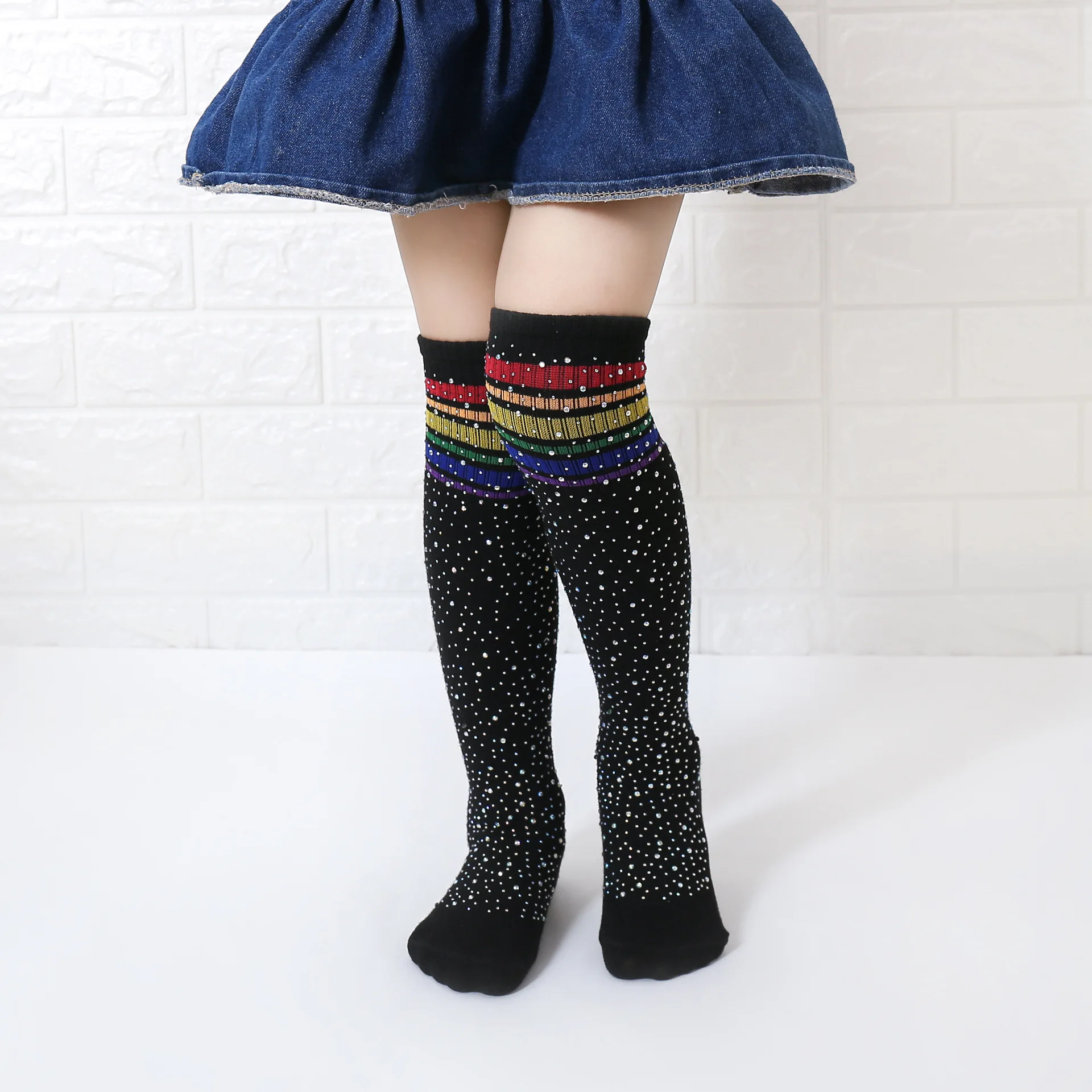 Japanese New Cotton Fashion Bling Girls Knee High Socks Colorful Striped Rhinestone Stockings for Children Kids Baby Girl Socks