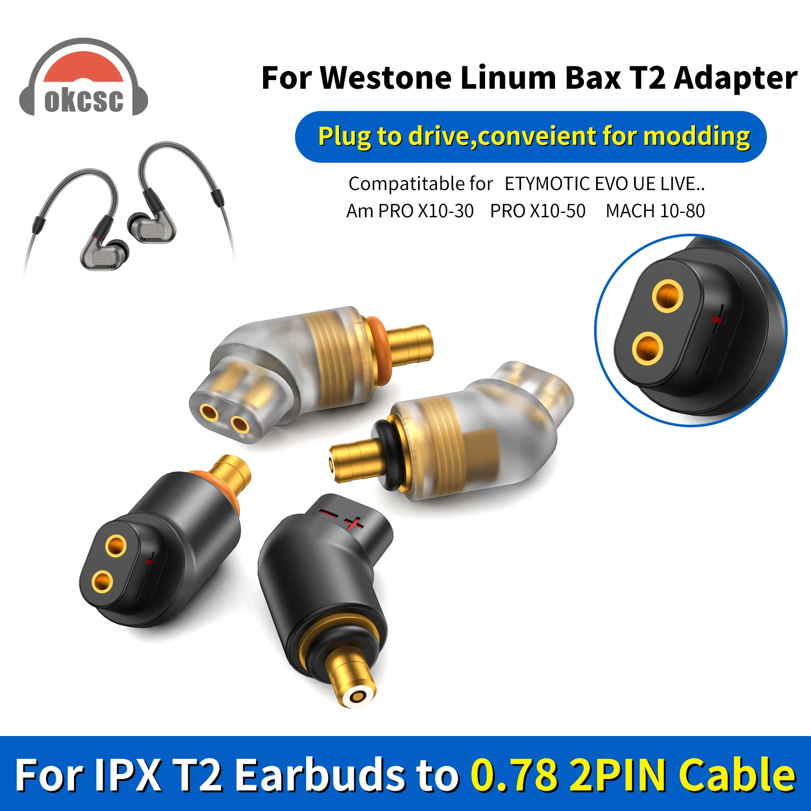 

OKCSC QDC 2 Pin Female IPX T2 Male Earphone Adapter to Earphones Earsets for Westone Linum Bax T2/Am PRO X10-30/MACH 10-80