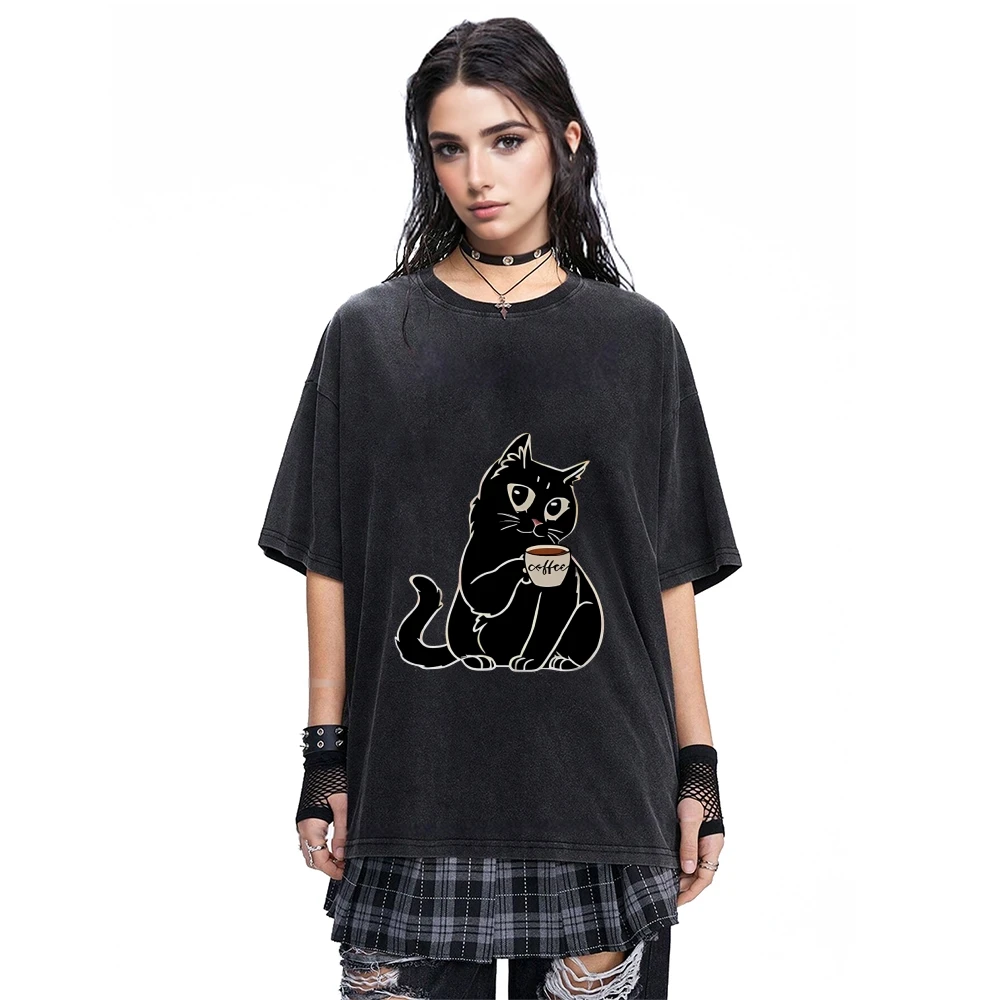 T-shirt gatto Cartoon T-shirt grafiche a maniche corte Donna lavata girocollo Camicette da donna Offerte