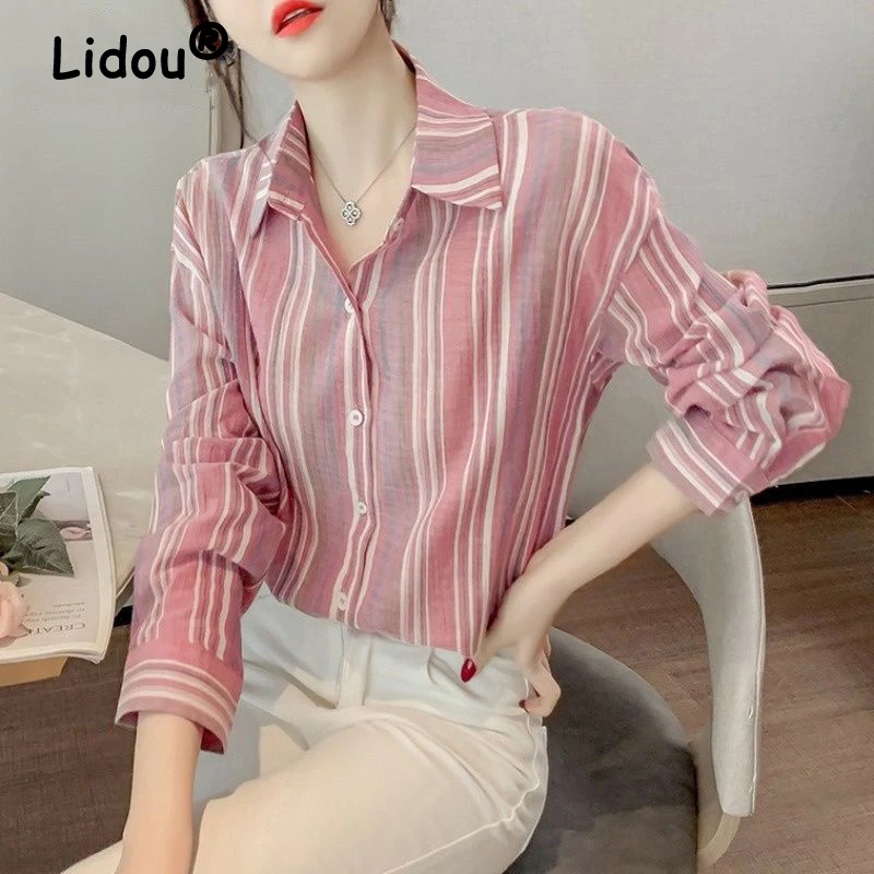 Elegant Fashion Striped Print Street All Match Shirts for Women Spring Autumn Casual Chic Long Sleeve Top Blouse Female Clothing