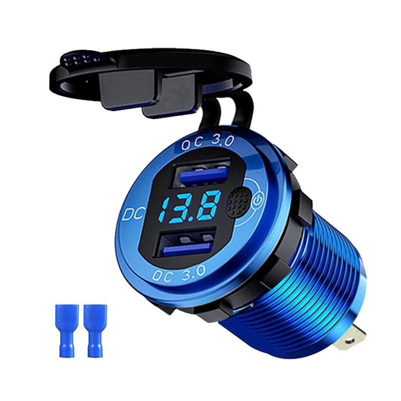 Snellader Aluminium QC3.0 Dual USB-autolader met schakelaarknop LED-spanningsweergave voor 12V / 24V auto's boten motorfiets - afbeelding 1
