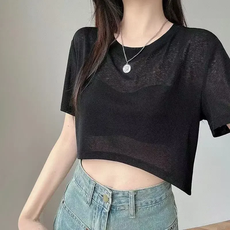 Summer T Shirt 4 Colors Women Mesh Sheer Short Sleeves Sunscreen Cover Up Crop Top Slim Fit  Simple Black T-Shirt Ice Silk