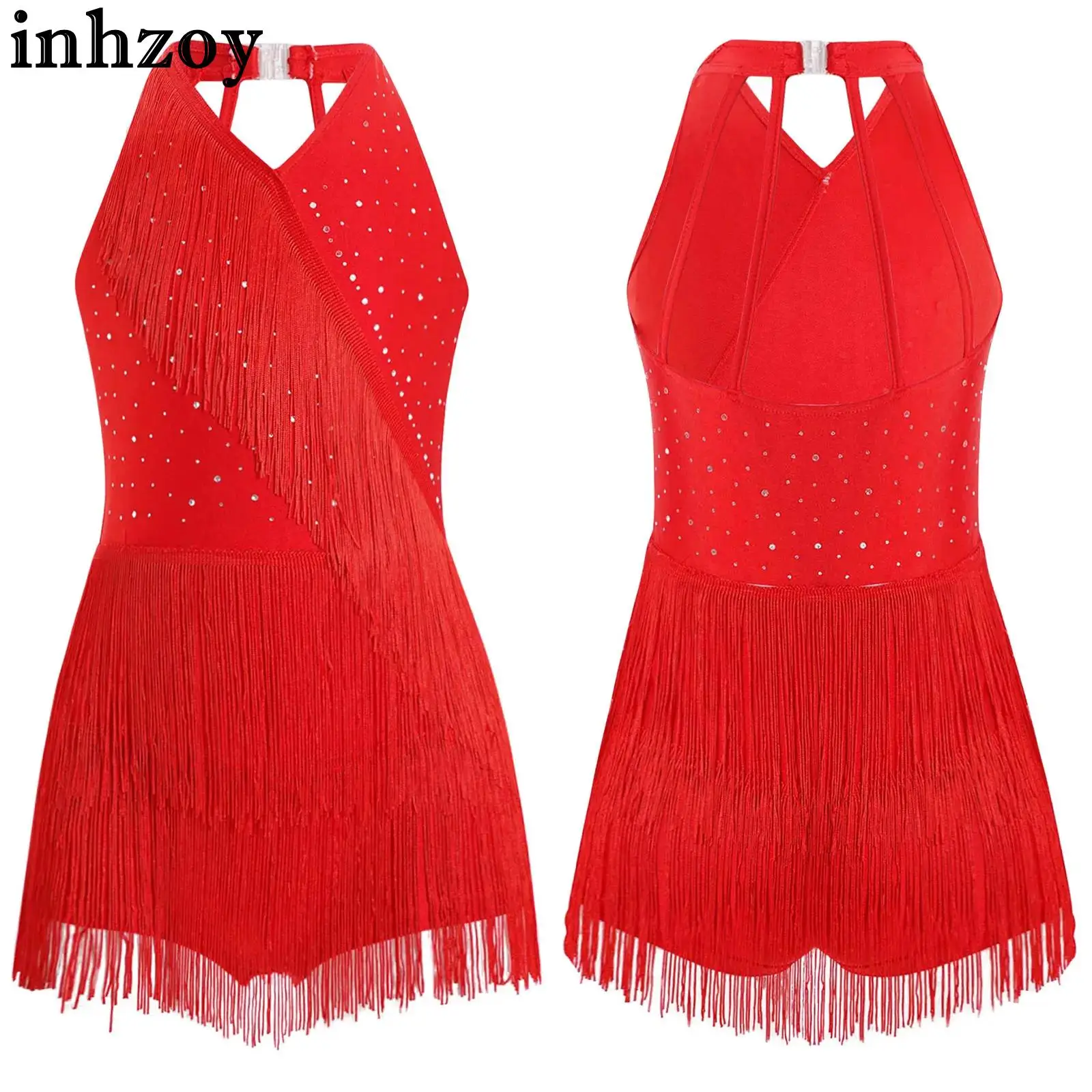 Girls Halter Sleeveless Rhinestone Tassel Latin Jazz Dance Bodysuit Dress Cha-cha Samba Rumba Tango Skating Leotard Dancewear