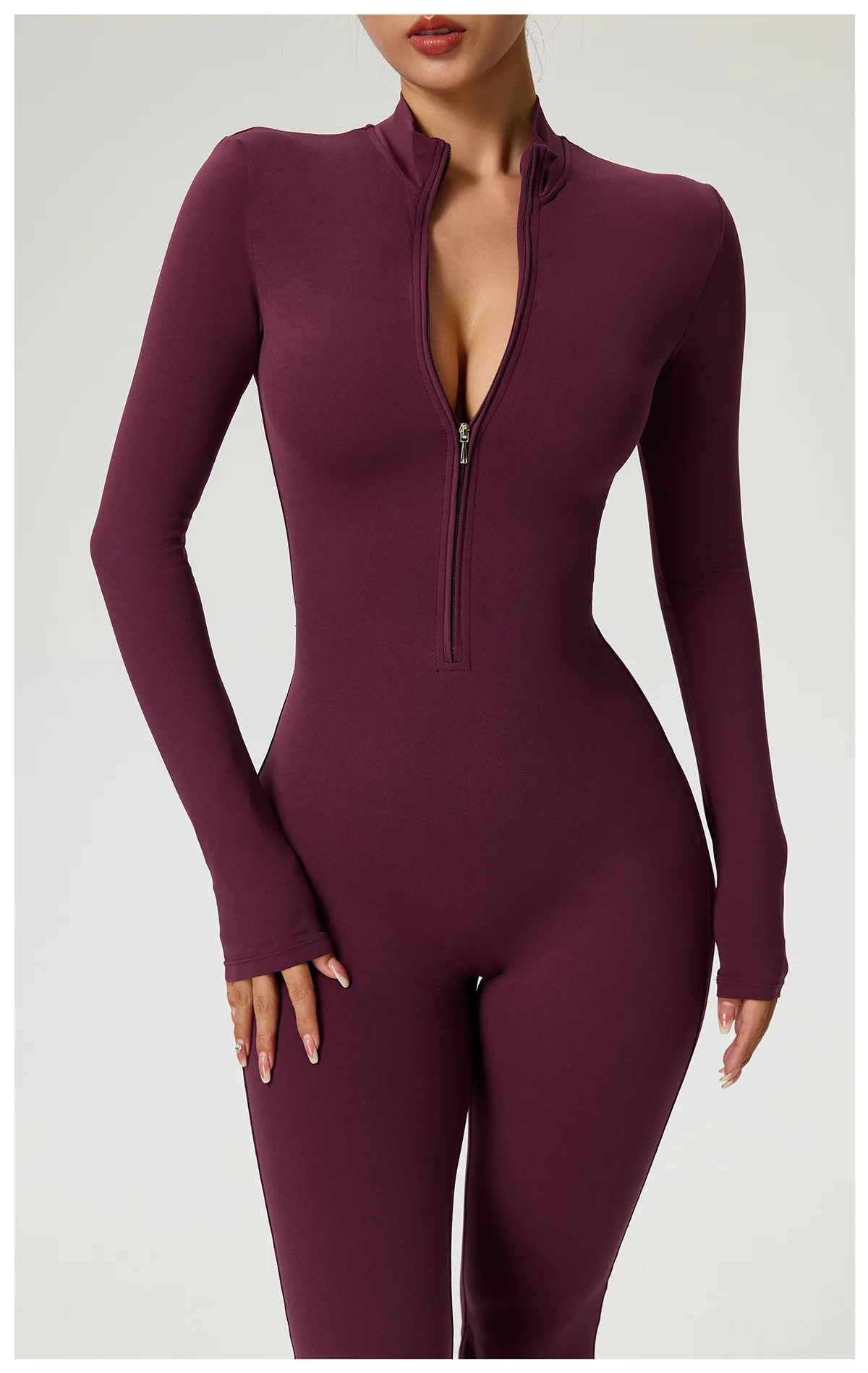 Neuer Reißverschluss-Jumpsuit mit Schlaghose Damenkleidung Sportbekleidung Gym Yoga Sportsets Spandex Nylon Trainingssets Damen Trainingsanzug – Detail 11