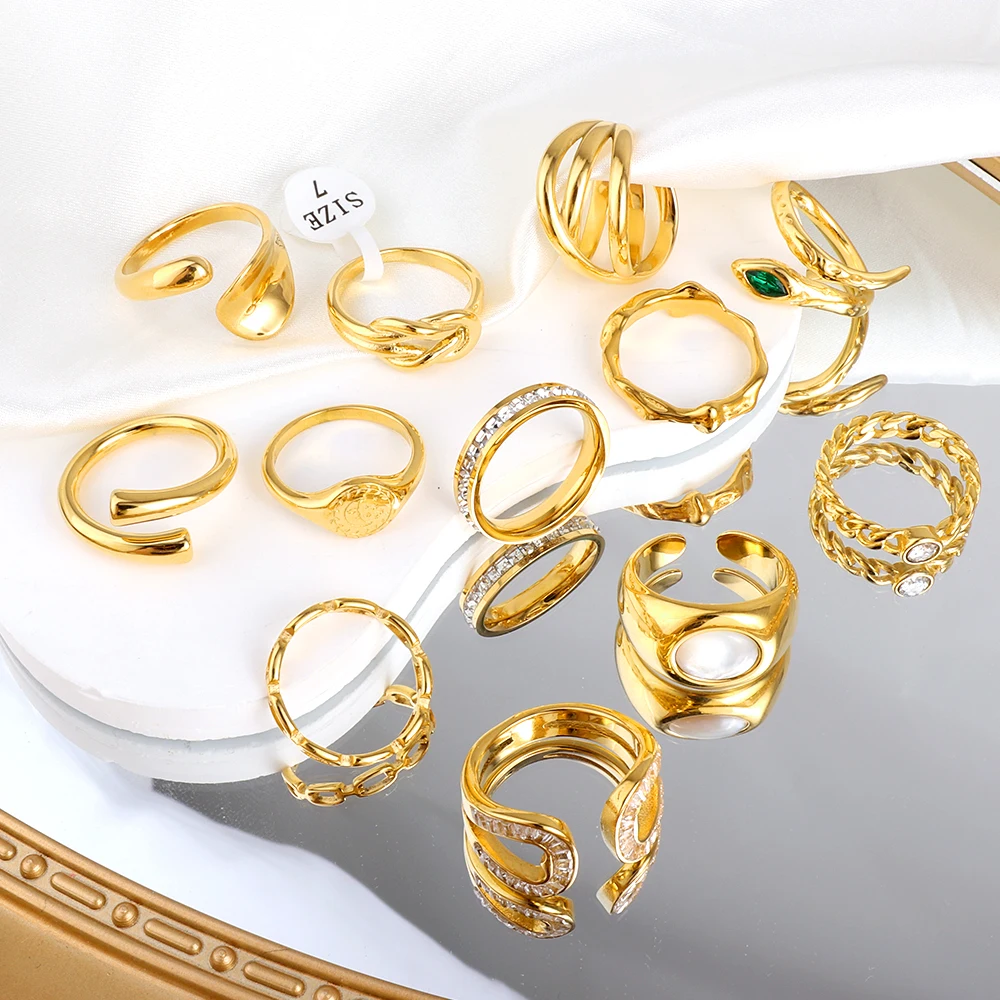 LUXUSTEEL Luxury Geometric Rings For Women Korean Style Golden Color Circle Open Rings Party Wedding Y2K Nail Jewelry Size 6-9