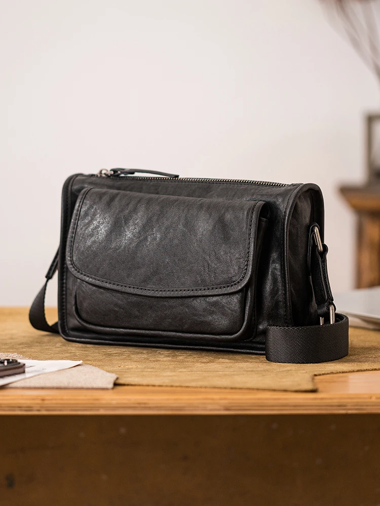 PNDME casual designer luxury first layer cowhide men's black crossbody bag outdoor travel handmade genuine leather shoulder bag