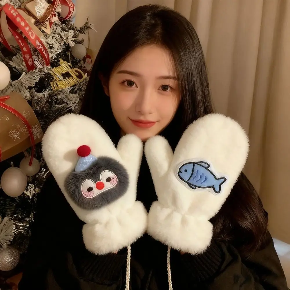 Cute Penguin Gloves with Ropes Cold Protection Full Finger Mitten Windproof Soft Skiing Gloves Outdoor