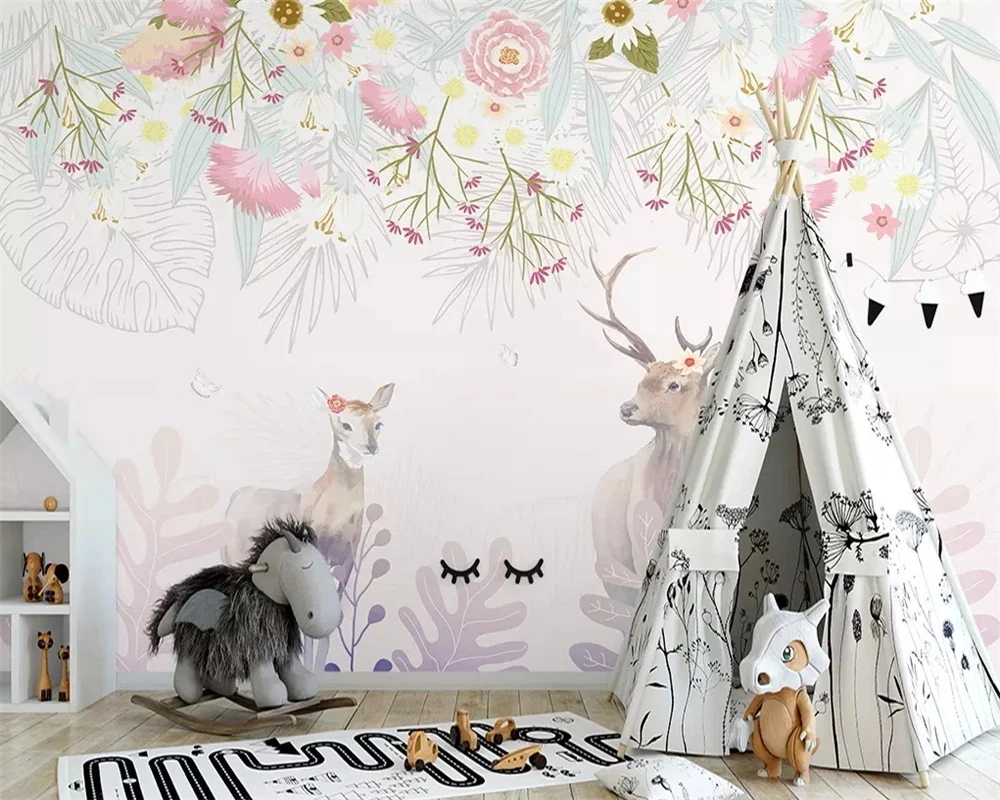 Customized fashion 3D wallpaper hand-painted Nordic elegant flower elk Mural deer animal Living room TV background wall bedroom