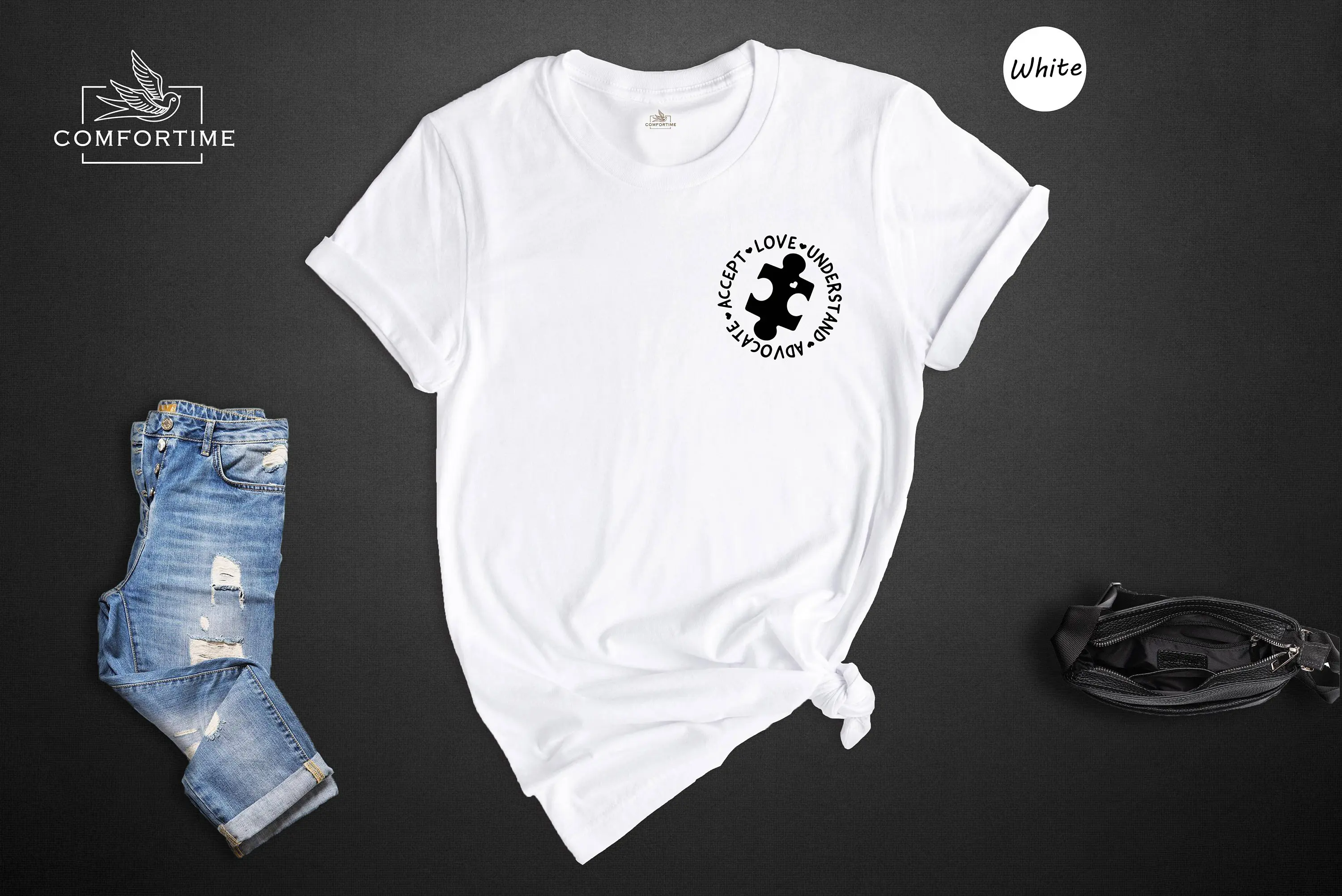 

Футболка с информацией о аутизме Accept Love Understand Advocate Inclusion Motivational