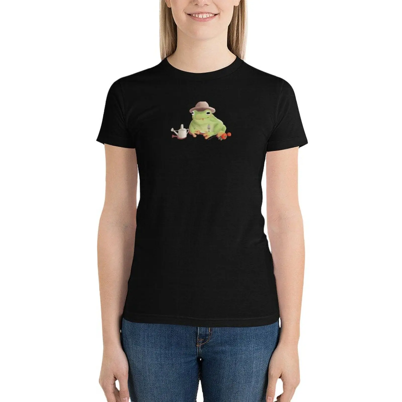 Cottagecore Frog - Tiny Gardening Frog T-Shirt hippie clothes cute tops black t shirts for Women