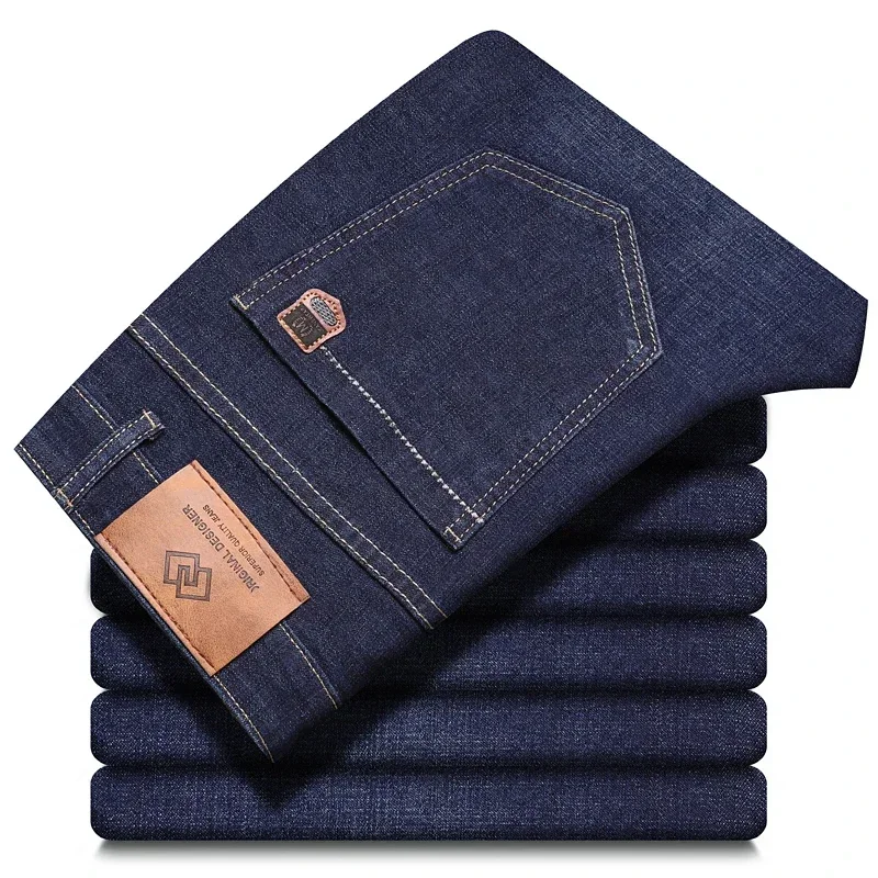 

Pop Mens Straight Stretch Fit Casual Jeans Fashion Business Jeans Black Blue Four Season Midweight Denim Pants Large Size 28-40