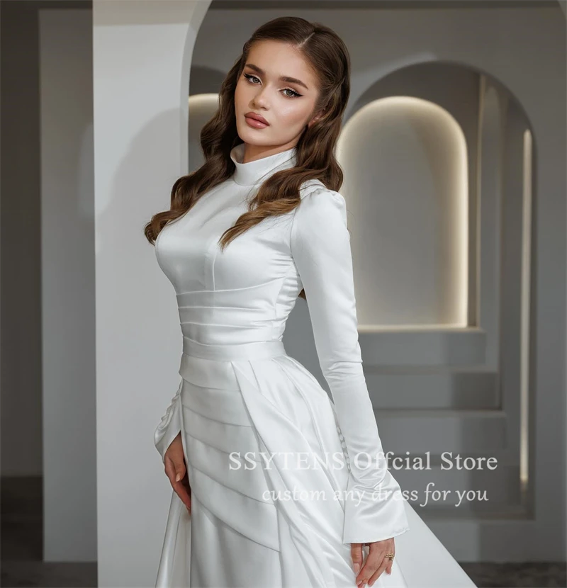 Formelle Brautkleider High Neck Lange Ärmel Meerjungfrau Braut Brautkleider Bodenlang Muslim Bespoke Weiß Standesamtliche Hochzeit