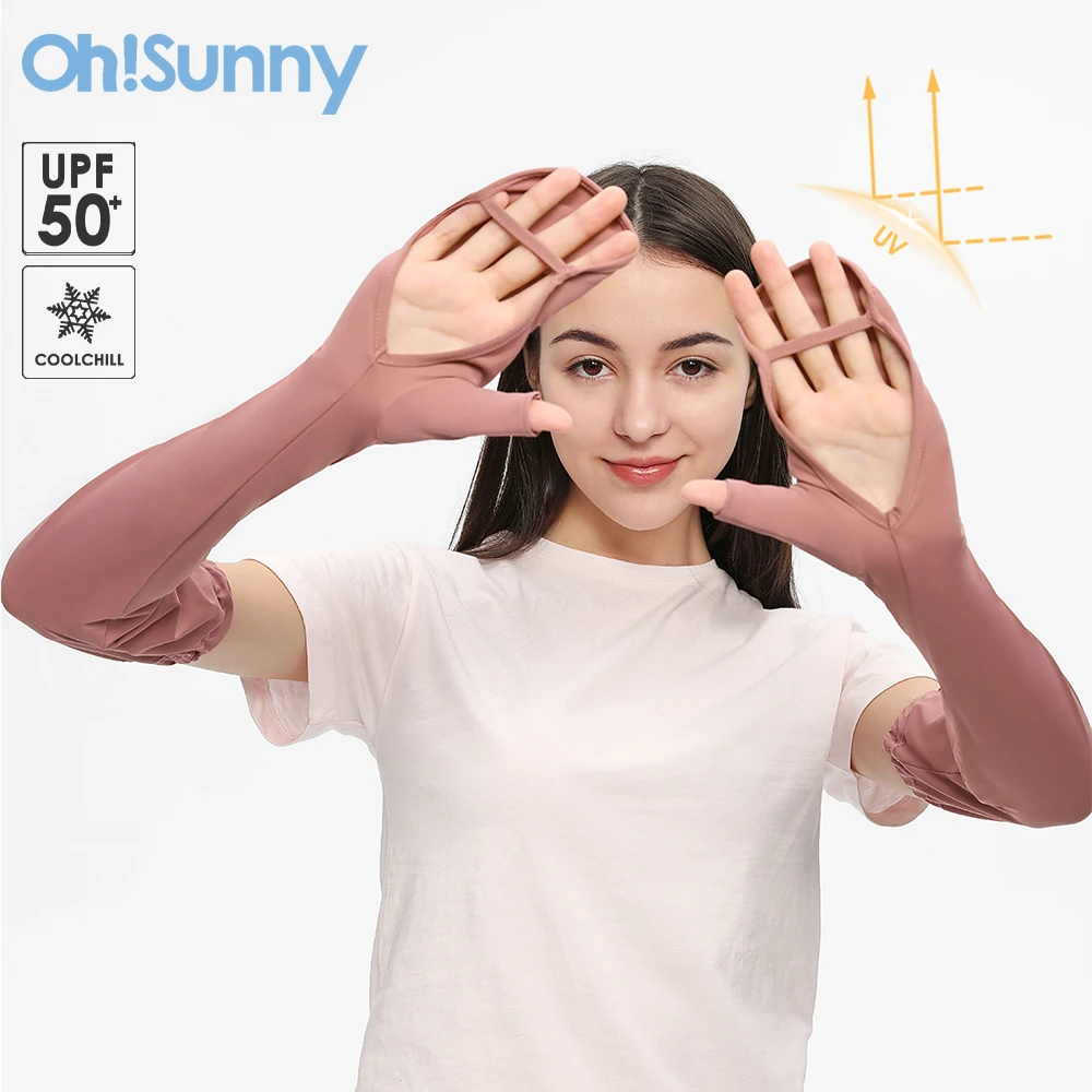 OhSunny-funda protectora solar para mujer, protección UV, Palma vacía, guantes largos ajustables UPF50 +, cubiertas de brazos de refrigeración para