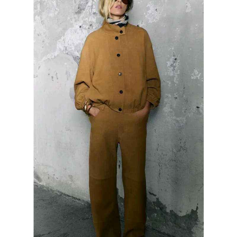 خريف جديد المرأة بسيطة Sle عالية الياقة طويلة Sve بولي Leather الجلود الطيار Jaet معطف تخفيف فضفاض صالح ort طول زر واحد