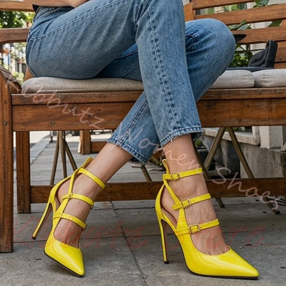 Women Multi Buckle Strappy Pumps Pointed Toe Stiletto Heels Ankle Wrap Cut Out Leather Solid Color Back Zipper Fashion Shoes New