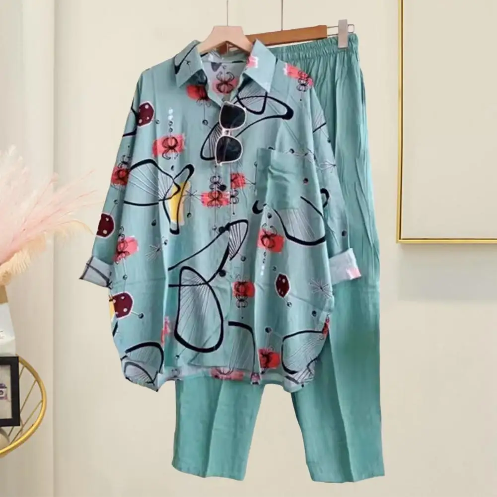 Traje ligero de dos piezas para mujer, conjunto de camisa y pantalones con estampado colorido, pantalones de pierna ancha, Blusa de manga larga