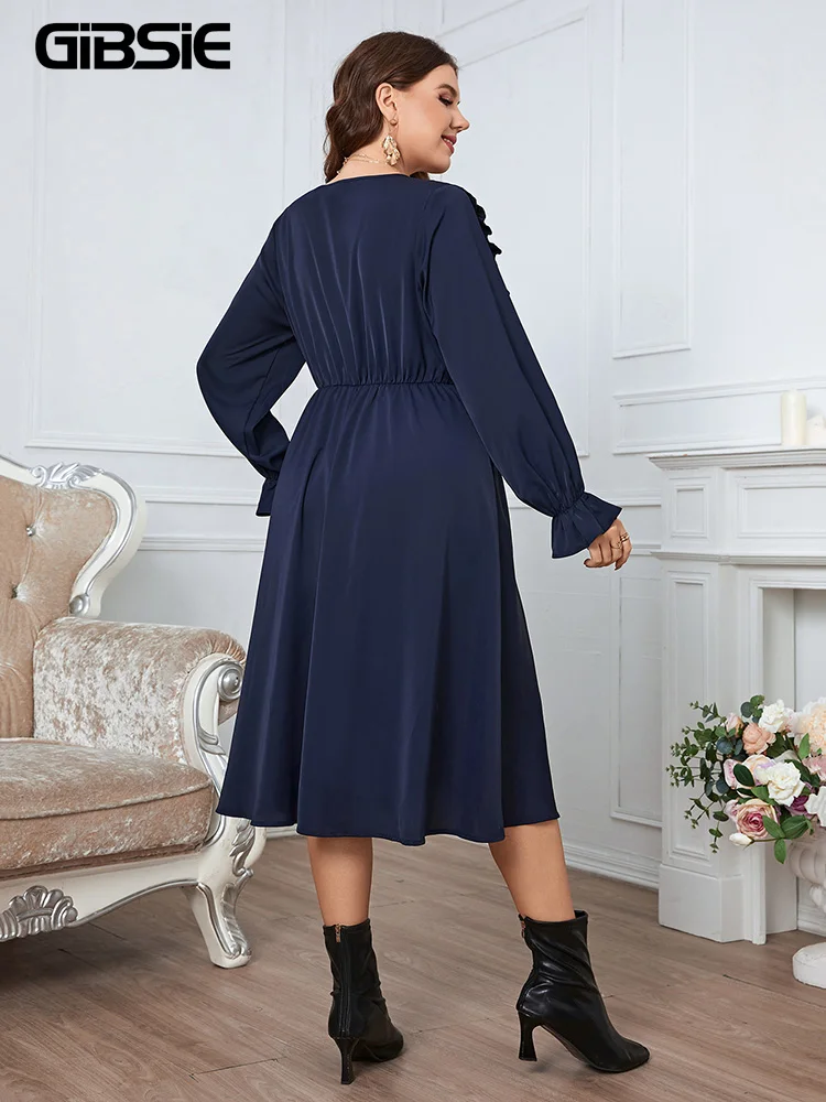 GIBSIE Plus Size Solid Button Front Frill Trim Midi Dresses Women Spring Fall Casual Long Sleeve Female Elastic A-Line Dress