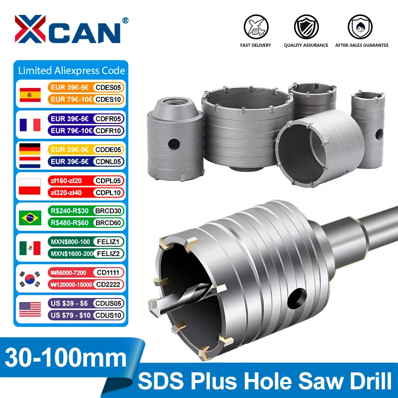 XCAN Drill Bit SDS Plus Wall Hole Saw Drill Bit for Electric Hammer Concrete Stone Cement Hole Cutter Drilling Tools 30-100mm