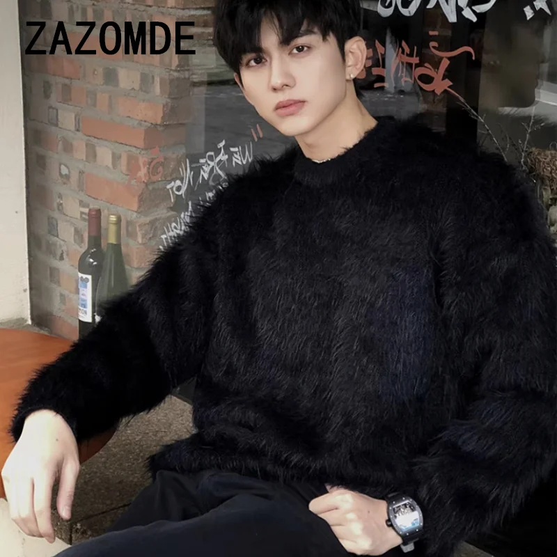 ZAZOMDE 2024 Men Autumn Winter New Oversize Solid Color Knitted Jumpers Male O-neck Sweater Tops Men Long Sleeve Warm Pullovers