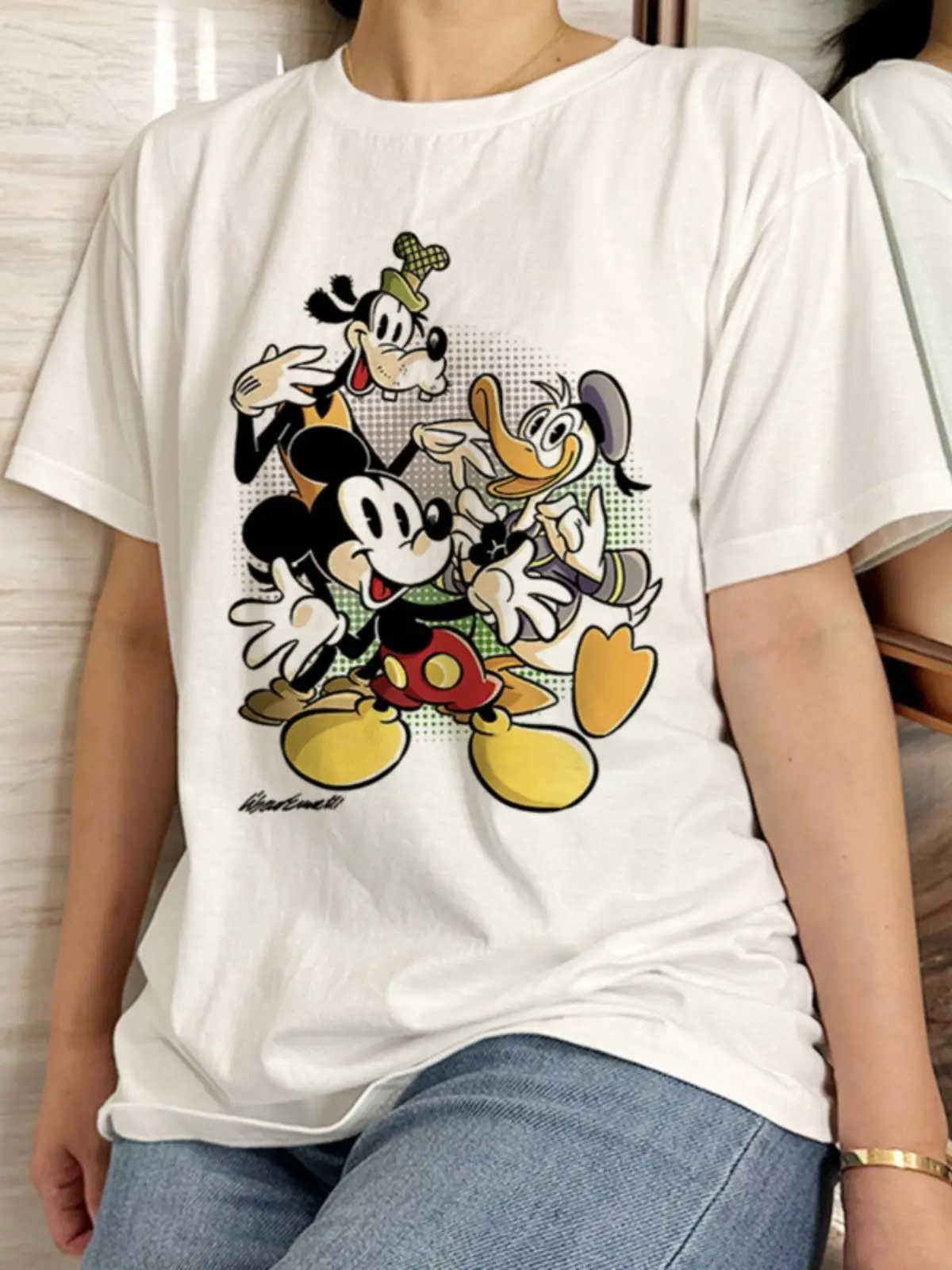 كارتون ديزني الجديد للصيف ميكي فلاي ودونالد داك لطيف مطبوع بالكامل من القطن فضفاض ومتعدد الاستخدامات بأكمام قصيرة #1